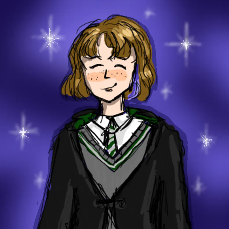 girl in slytherin robes with bob haircut