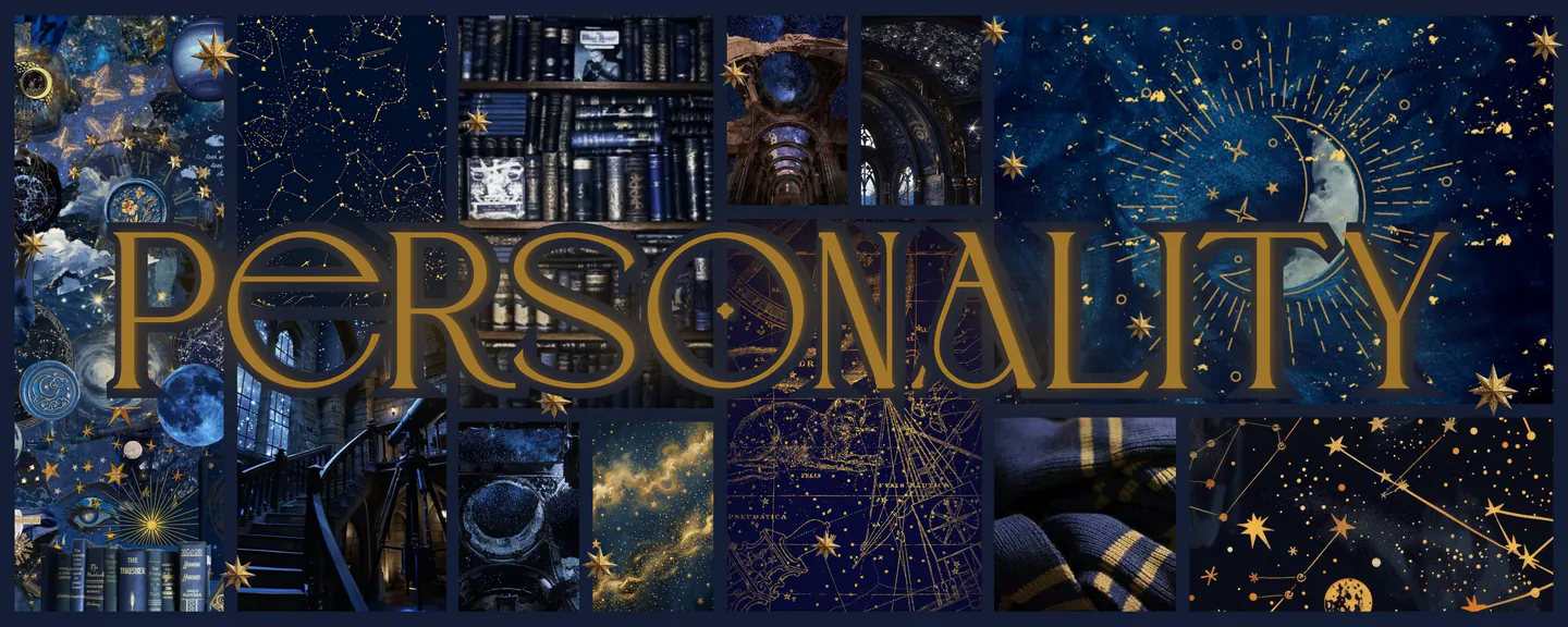 decorative banner with a blue celestial/space aesthetic collage and the word "personality" centered in the foreground in gold lettering