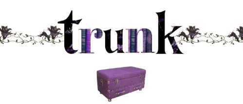trunk written in the middle of the image, with a violet coloured trunk right beneath it, bordered by belladonnas
