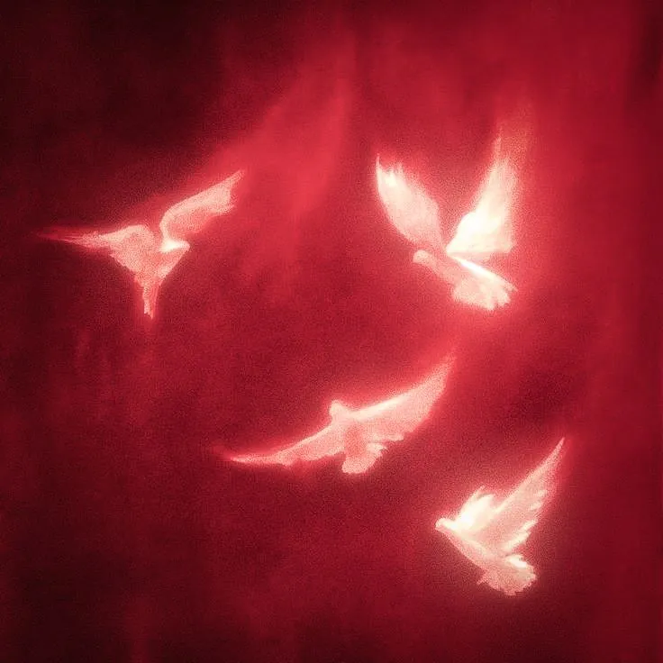 a few white birds soaring with a red background