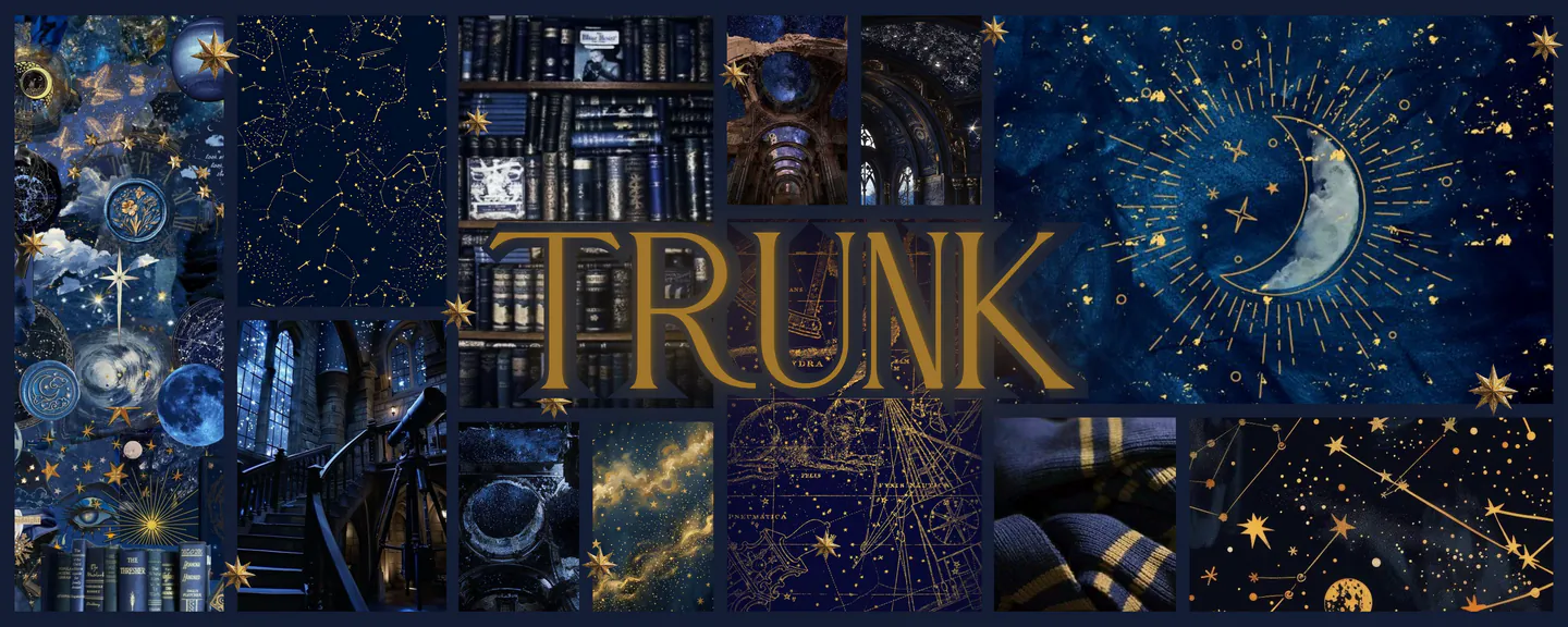 decorative banner with a blue celestial/space aesthetic collage and the word "trunk" centered in the foreground in gold lettering