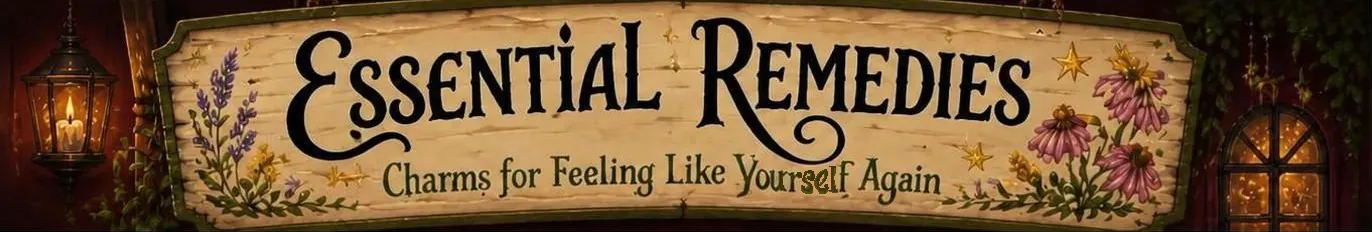 A hand painted sign with the words: Essential Remedies, Charms for Feeling Like Yourself Again