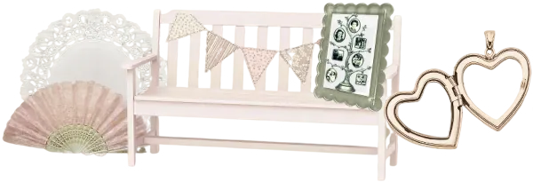 Bench with photo frame on it with family tree inside + graphics around the bench