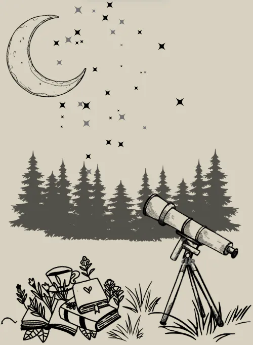 Lineart telescope in a grassy field, with black pine tree forest floating slightly behind it in the background. It faces towards a large Lineart moon with sparkly stars in the sky. On the grass, lies a stack of books with flowers peeking between the gaps.