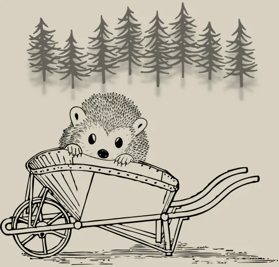 Lineart hedgehog peeking out of wheelbarrow, with a forest of pine trees floating behind them in the background.