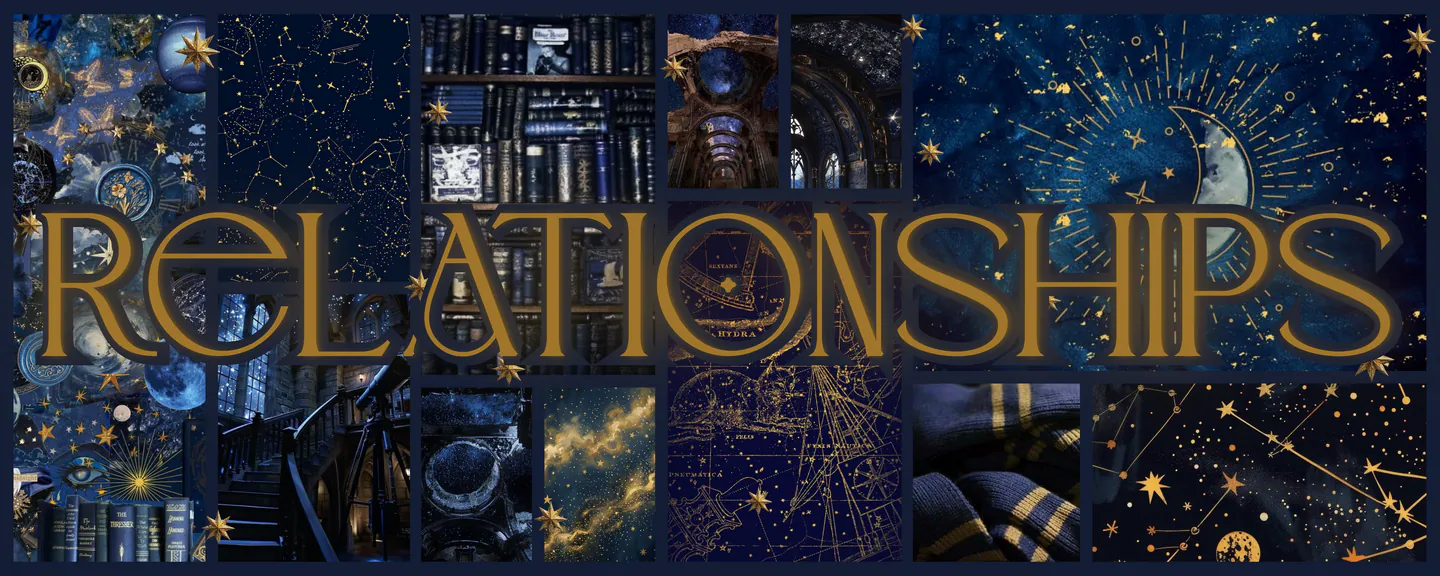 decorative banner with a blue celestial/space aesthetic collage and the word "relationships" centered in the foreground in gold lettering