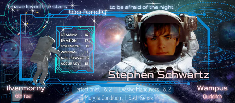 Astronaut banner: Name, School, year, House, Stats, and Abilitites