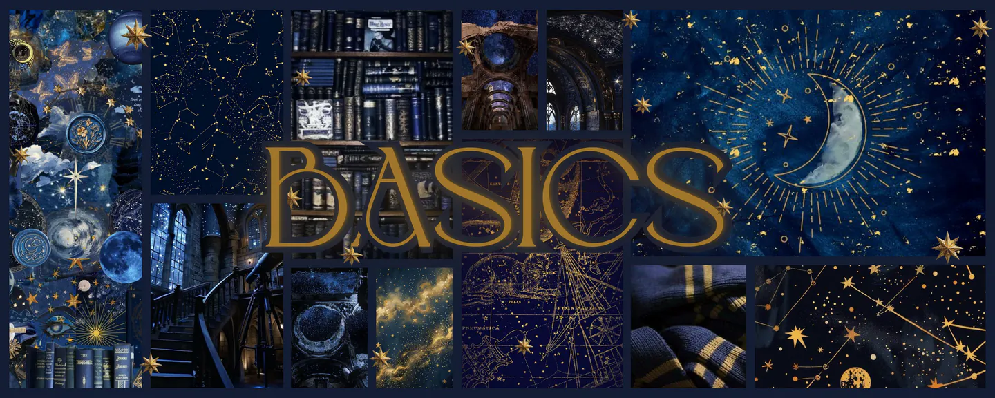 decorative banner with a blue celestial/space aesthetic collage and the word "basics" centered in the foreground in gold lettering