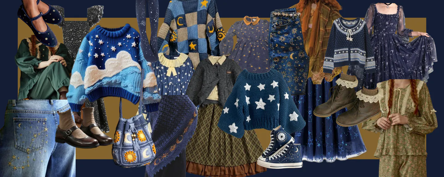 a collage of different outfits in Saturnalia's wardrobe, mostly celestial themed, with a few neutrals.