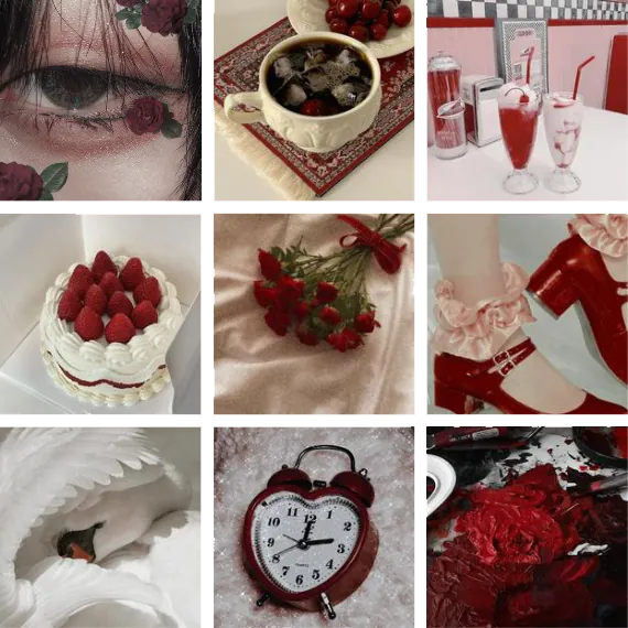 A aesthetic moodboard, red white filled with vintage pictures