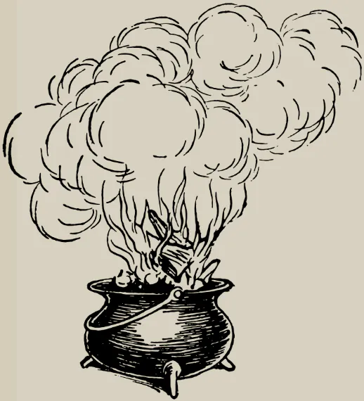 Lineart image of bubbling cauldron, with smoke billowing upwards.