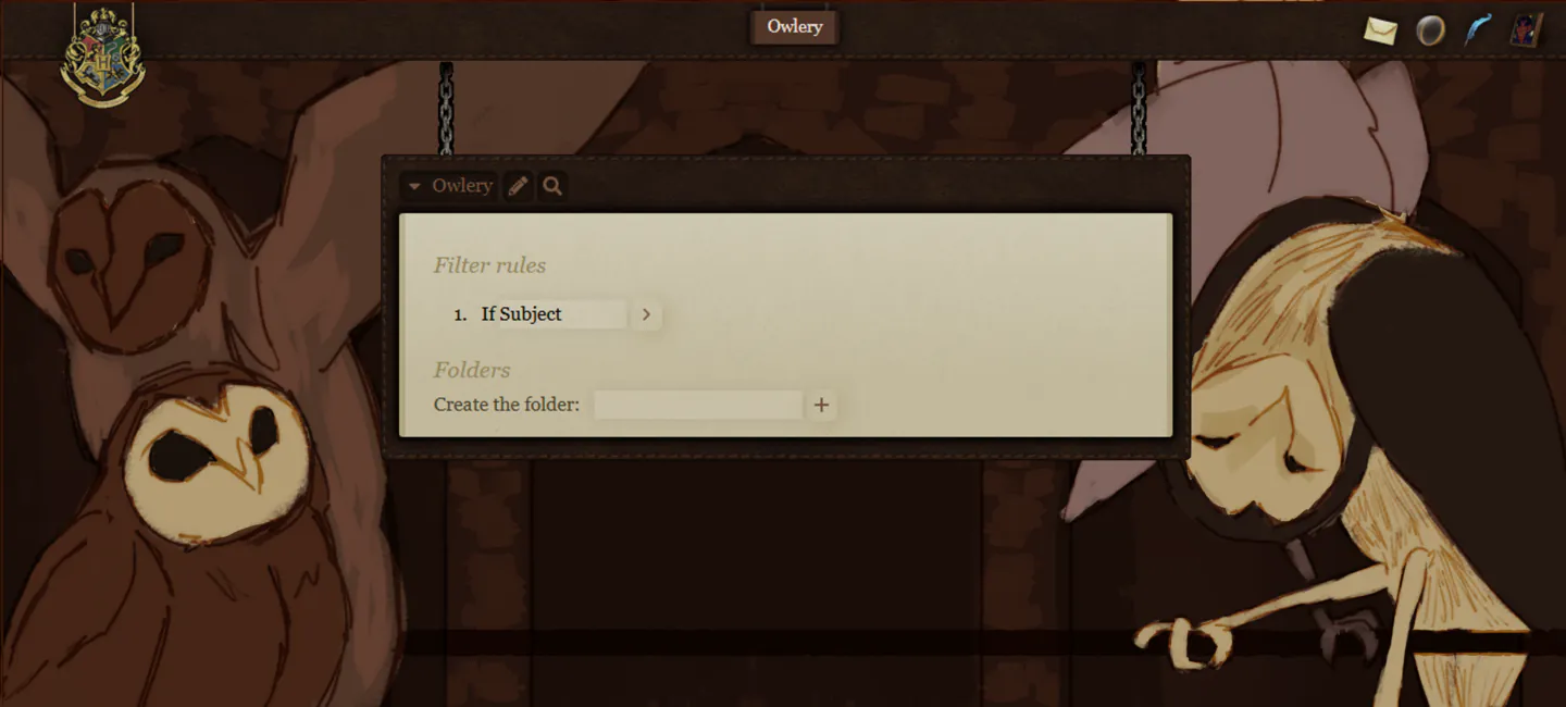 an example of a hogwarts.io page with four owls drawn into the background