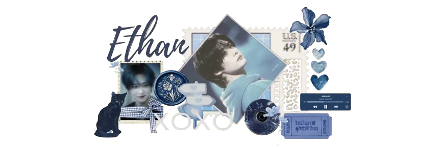 A blue stamp themed banner for Ethan Lee