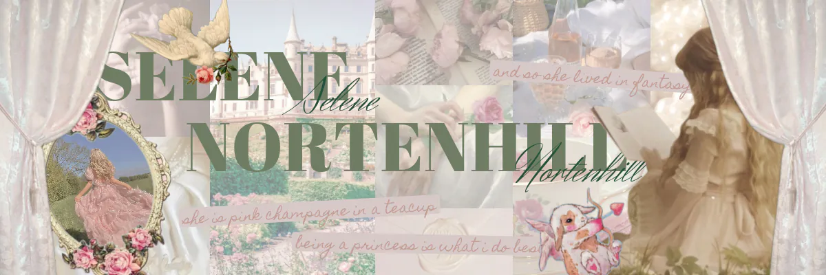 banner for selene nortenhill with a rosy aesthetic