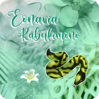 various mint-coloured images with a cartoon snake clip and "Eonaria Kabukimono" in swirly turquoise font