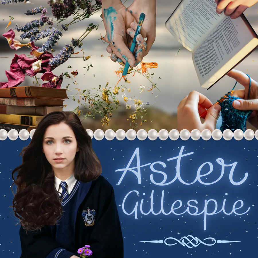A collage of items important to Aster, including her crochet hook, a variety of dried herbs, paint, and several old books. At the bottom of the design, Aster stands in Ravenclaw robes next to her name.