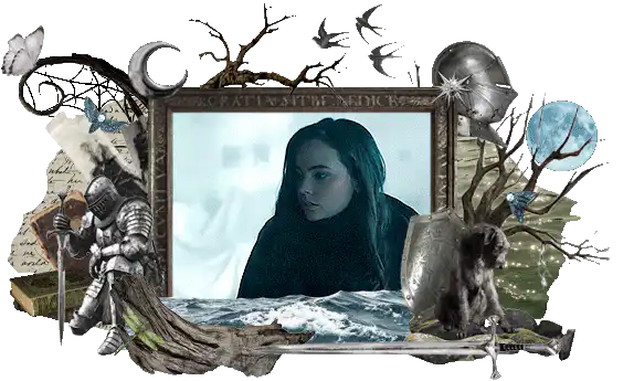 gif banner with bridget surrounded by trees, water, knight armor, and an irish wolfhound