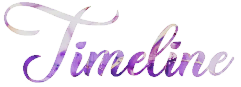 the word 'timeline' in a swooping font with white, gold, and purple splatters