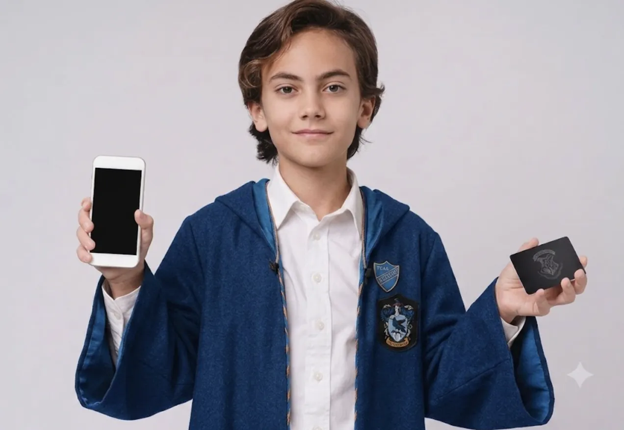 A boy in blue robes, a hogwarts student.