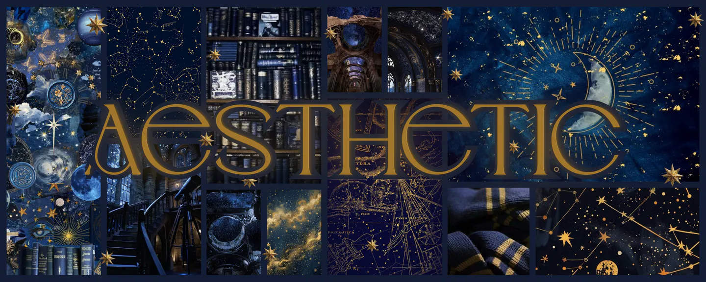 decorative banner with a blue celestial/space aesthetic collage and the word "aesthetic" centered in the foreground in gold lettering