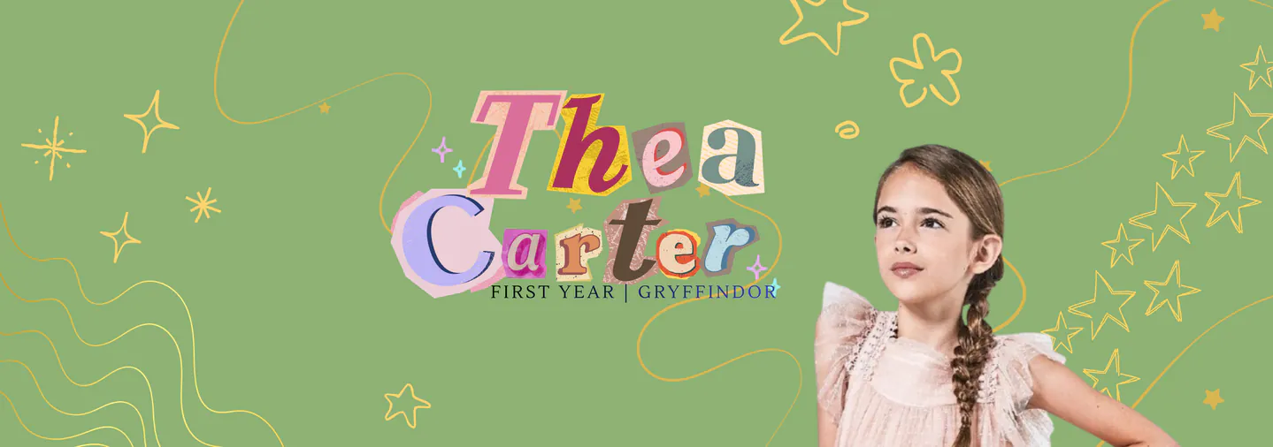 Sage green banner with golden decoration and a photo of young Julia Butters