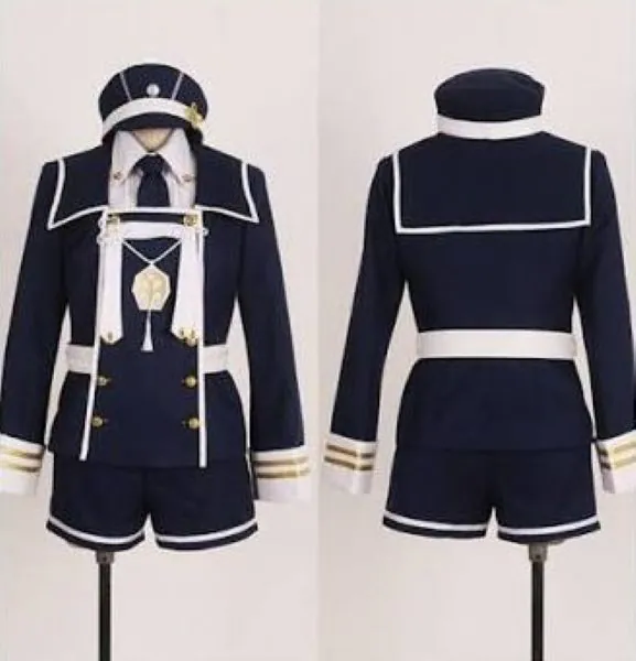 A faux military style uniform featuring dark navy-blue attir, including a jacket, trousers and a cap