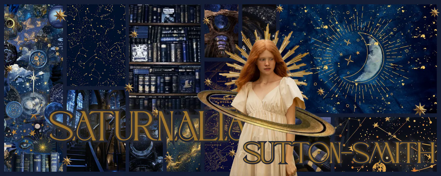 A decorative banner containing an image of a young, redheaded girl in a white dress in front of the name "Saturnalia Sutton-Smith" in fancy gold lettering. The background is a blue, celestial/space themed collage.