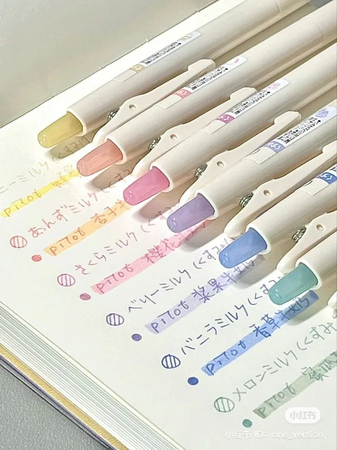 a rainbow set of pens with their written results on a piece of paper underneath