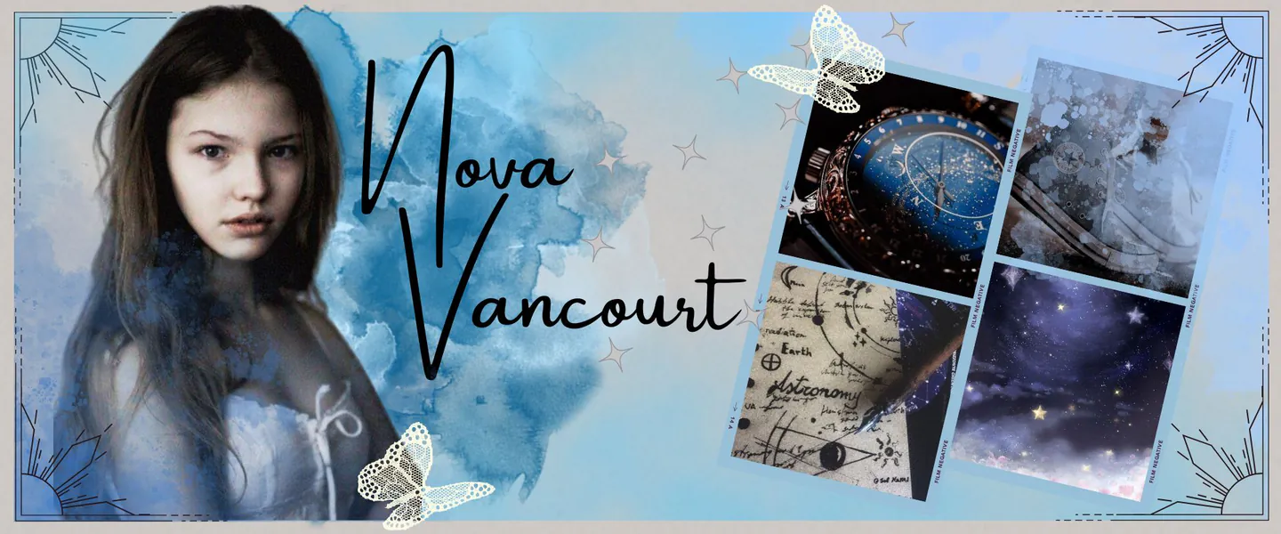a banner representing Nova, with themes of blue watercolors, stars, and lace.