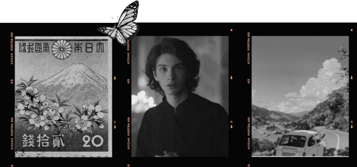 it's a horizontal collage in black and white color. A young guy with wavy hair in the middle, on the left is a letter mark with Japan, on the right is a road with a car