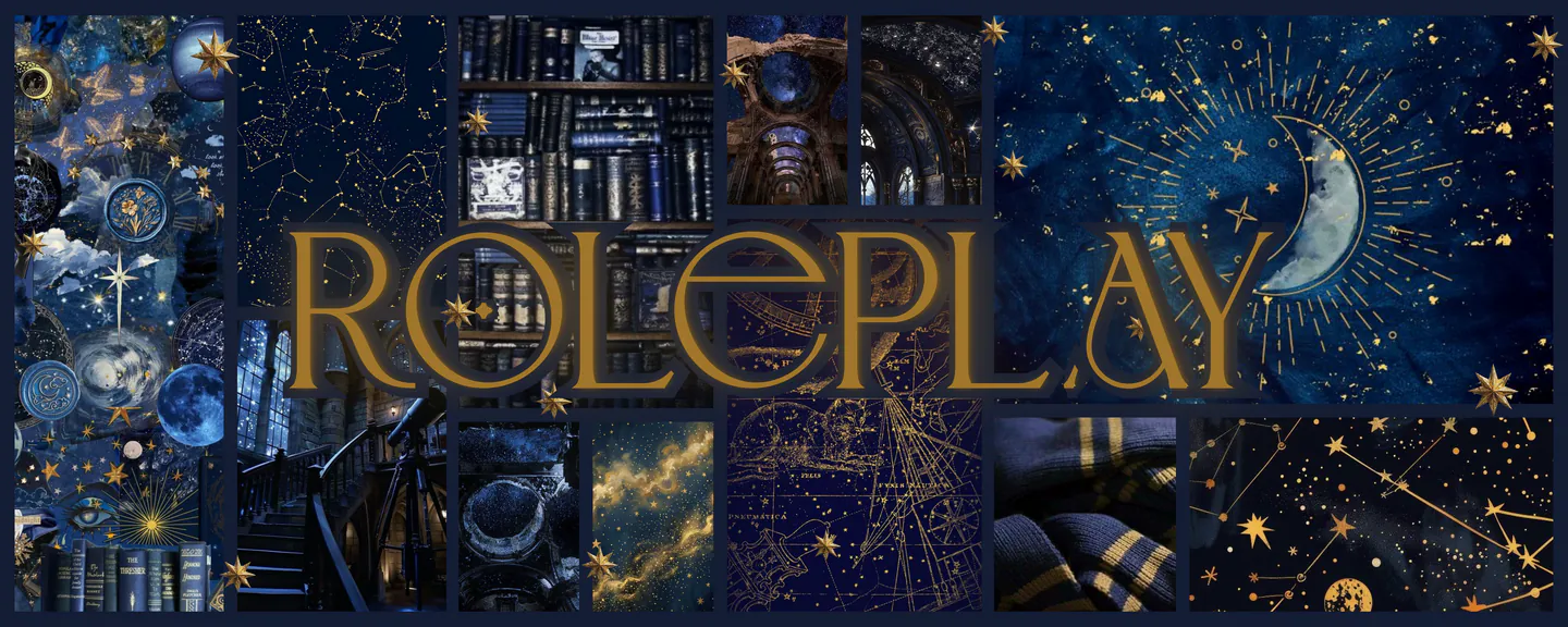 decorative banner with a blue celestial/space aesthetic collage and the word "roleplay" centered in the foreground in gold lettering