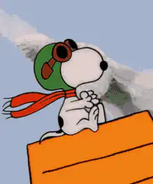 An animated gif of snoopy flying on a rocket.