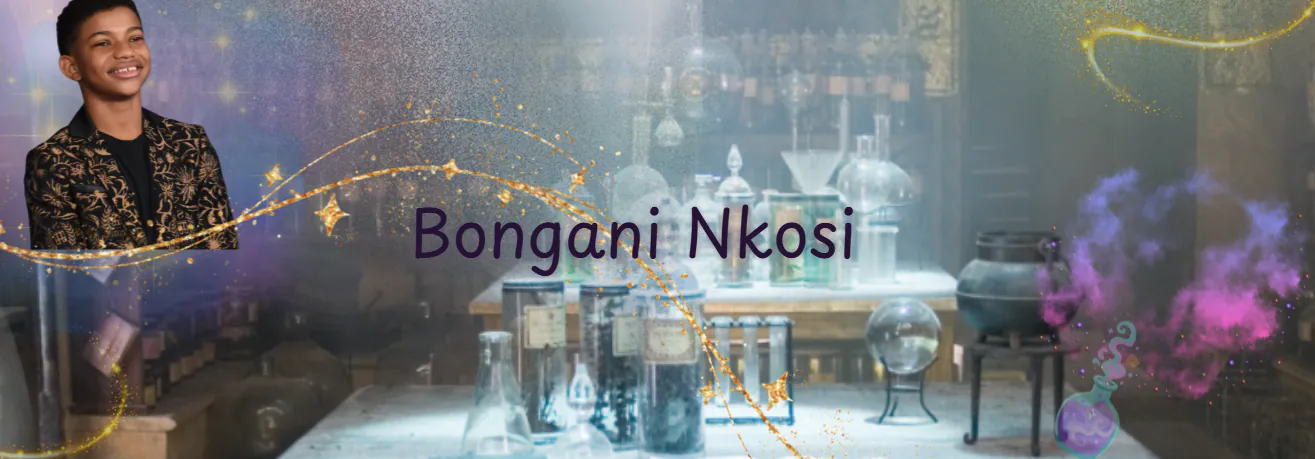Banner of my OC (Bongani Nkosi) in a potions classroom with two short golden magic trails coming from the top right and bottom left corners, as well as a long golden magic swirling under his picture and in a curve like thing to the bottom. He has black hair, brown skin, and he is smiling. The face claim is Lonnie Chavis.