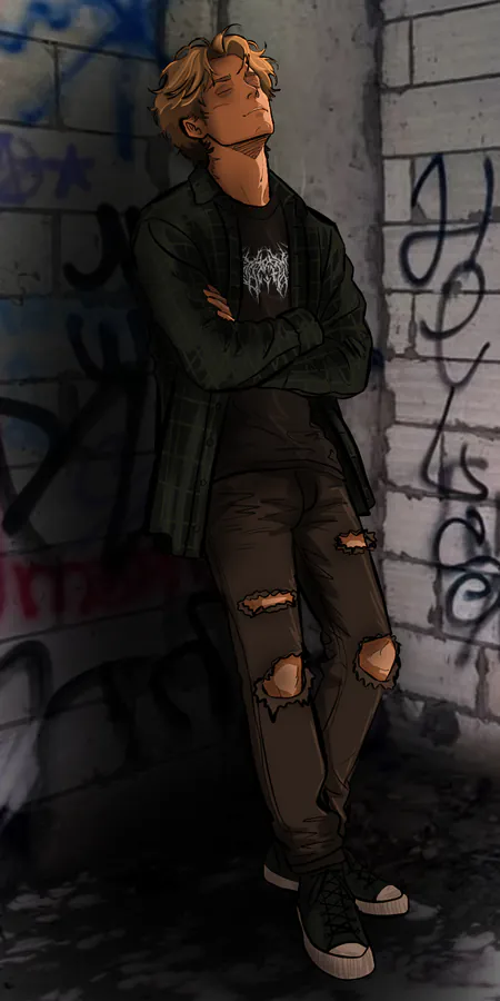Blonde boy leaning on a wall for a nap. Grey background