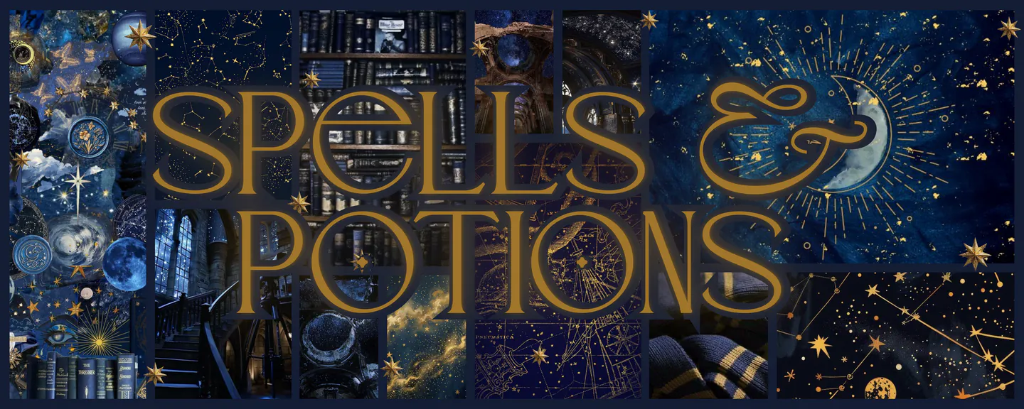 decorative banner with a blue celestial/space aesthetic collage and the word "spells & potions" centered in the foreground in gold lettering