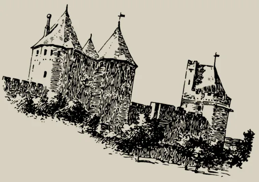 Linear of castle battlements, slanted slightly to the right.