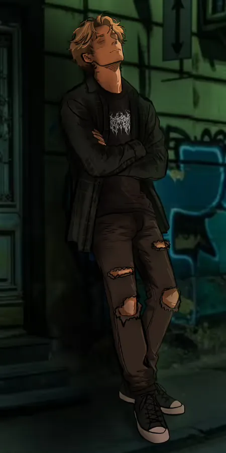 Blonde boy leaning on a wall for a nap. Green light