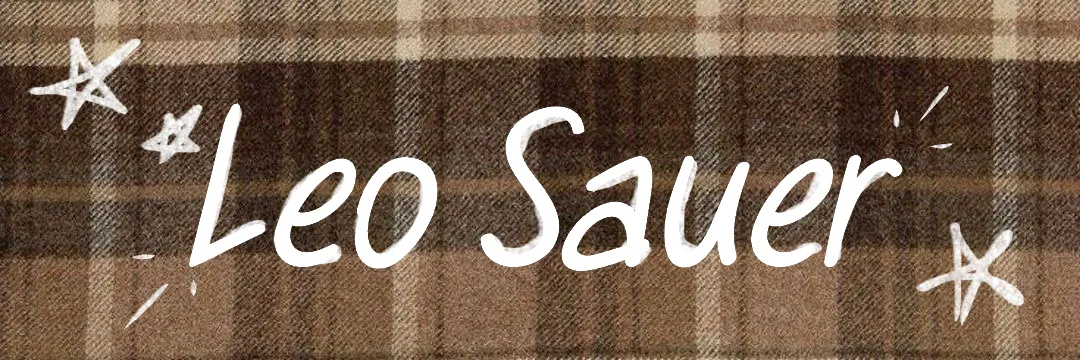 A brown plaid pattern behind white text that says "Leo Sauer"
