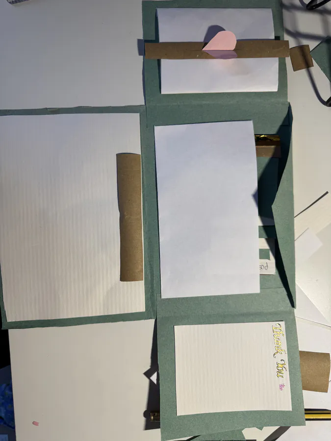 A green card with four sections