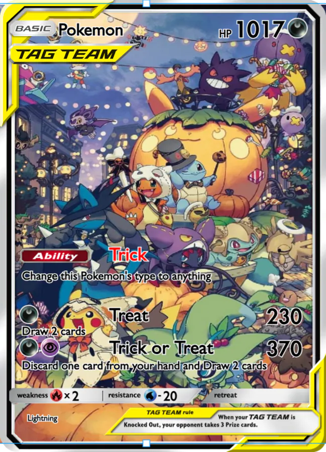 a tag team pokemon card with art of several pokemon and halloween themed abilities