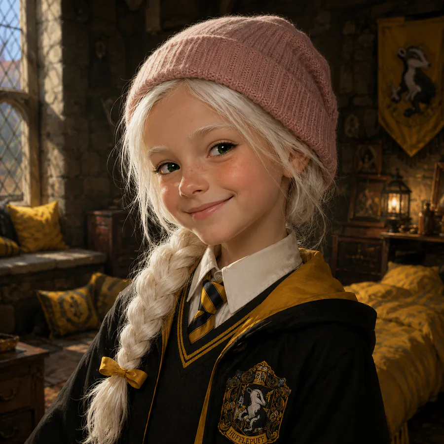 11yo girl, wearing Hufflepuff robes, pink beanie on her white braided hair in her dorms.