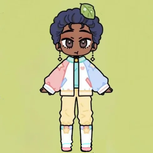 A screenshot from a lily diary of T’ilua. She has short dark afro hair. Dangly star earrings hanging from her ear lobes. She is wearing a varsity jacket and trousers.
