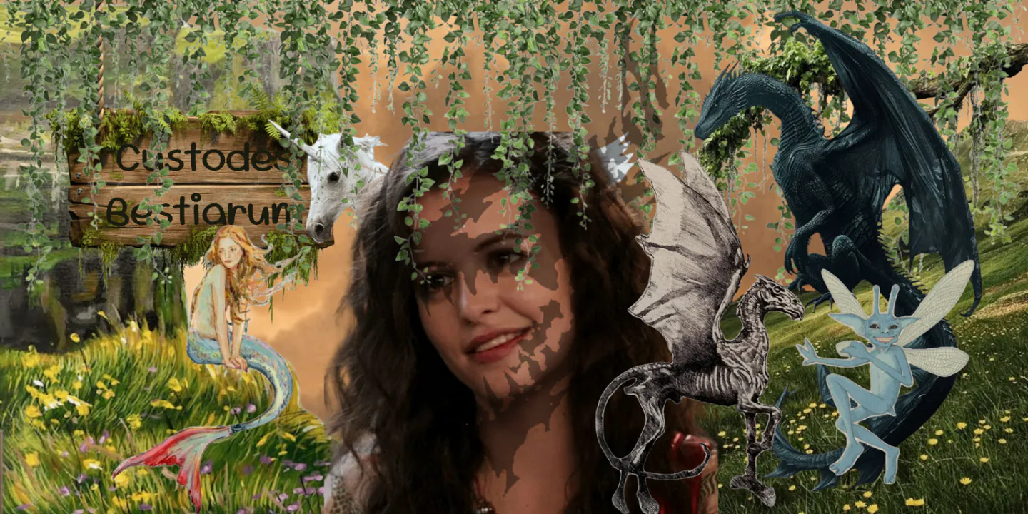 a banner with several magical animals and plants, hidden behind some of them is a girl face claim