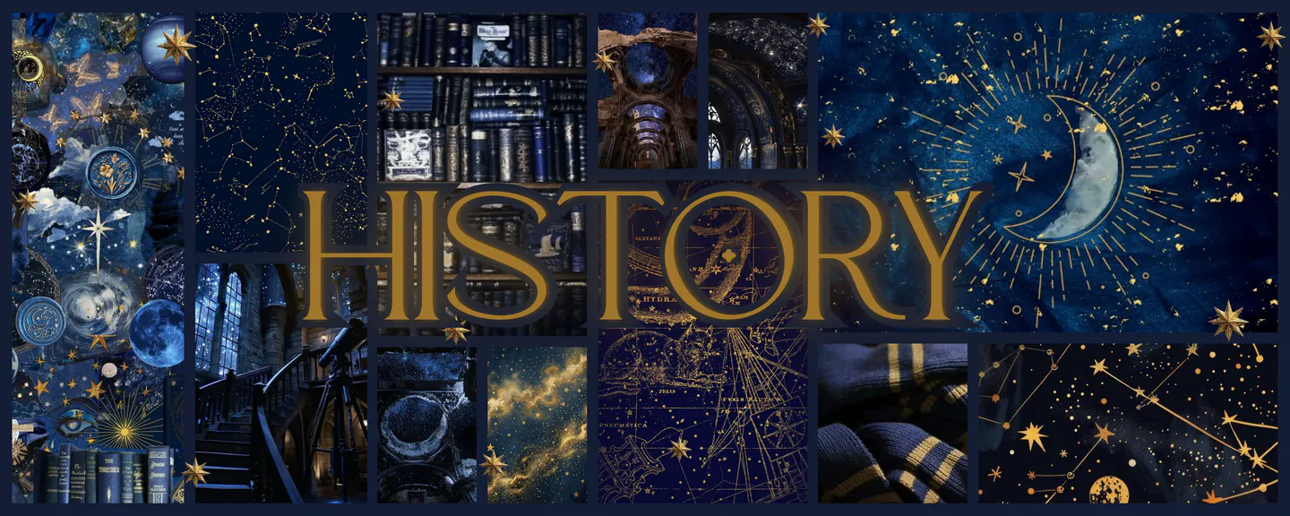 decorative banner with a blue celestial/space aesthetic collage and the word "history" centered in the foreground in gold lettering