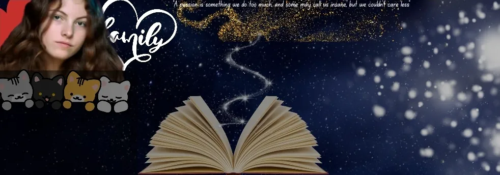 It has a book with magic spiraling out of it in the middle, with my character on the side. The colors are blues and silvers and other colors, and there are cats below my character, as well as two hearts behind her, one red, and one saying "family."