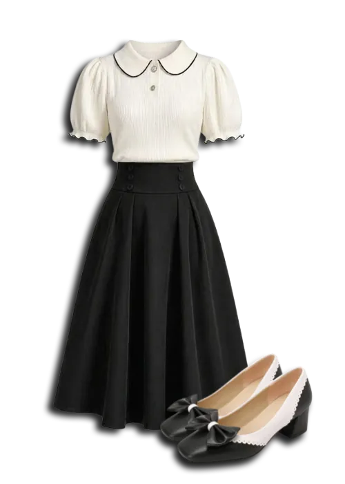 black mid-length skirt, white round-collared top, black and white Mary Jane kitten heels with bows