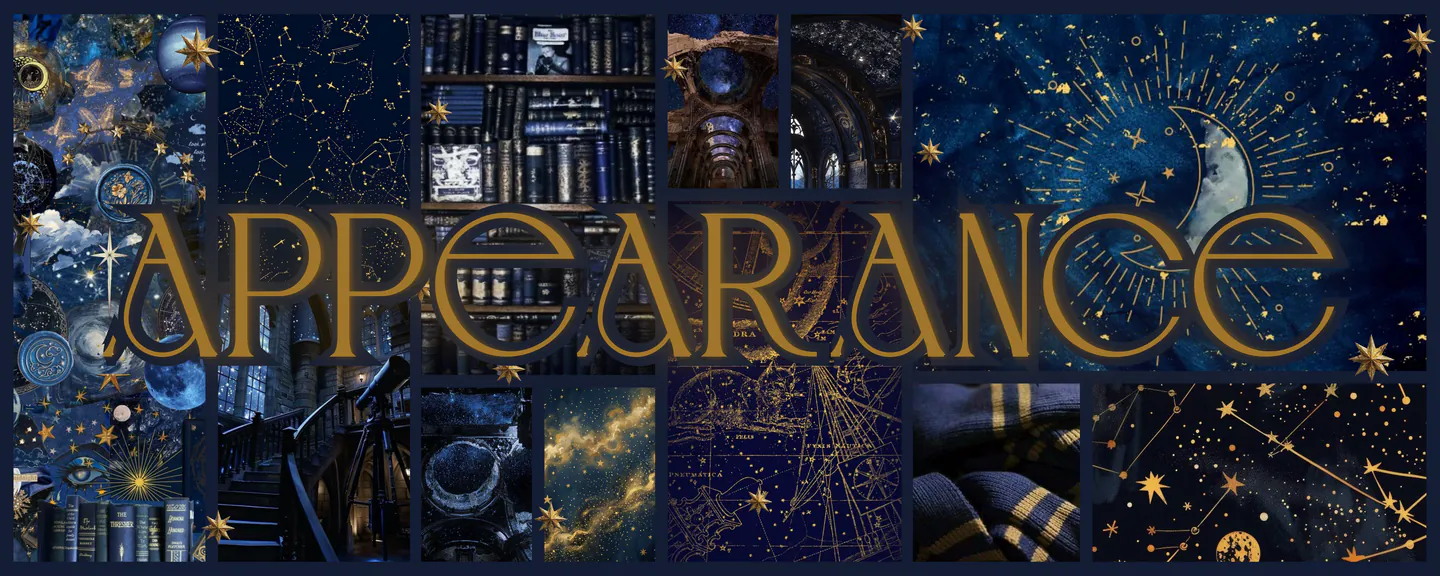 decorative banner with a blue celestial/space aesthetic collage and the word "appearance" centered in the foreground in gold lettering