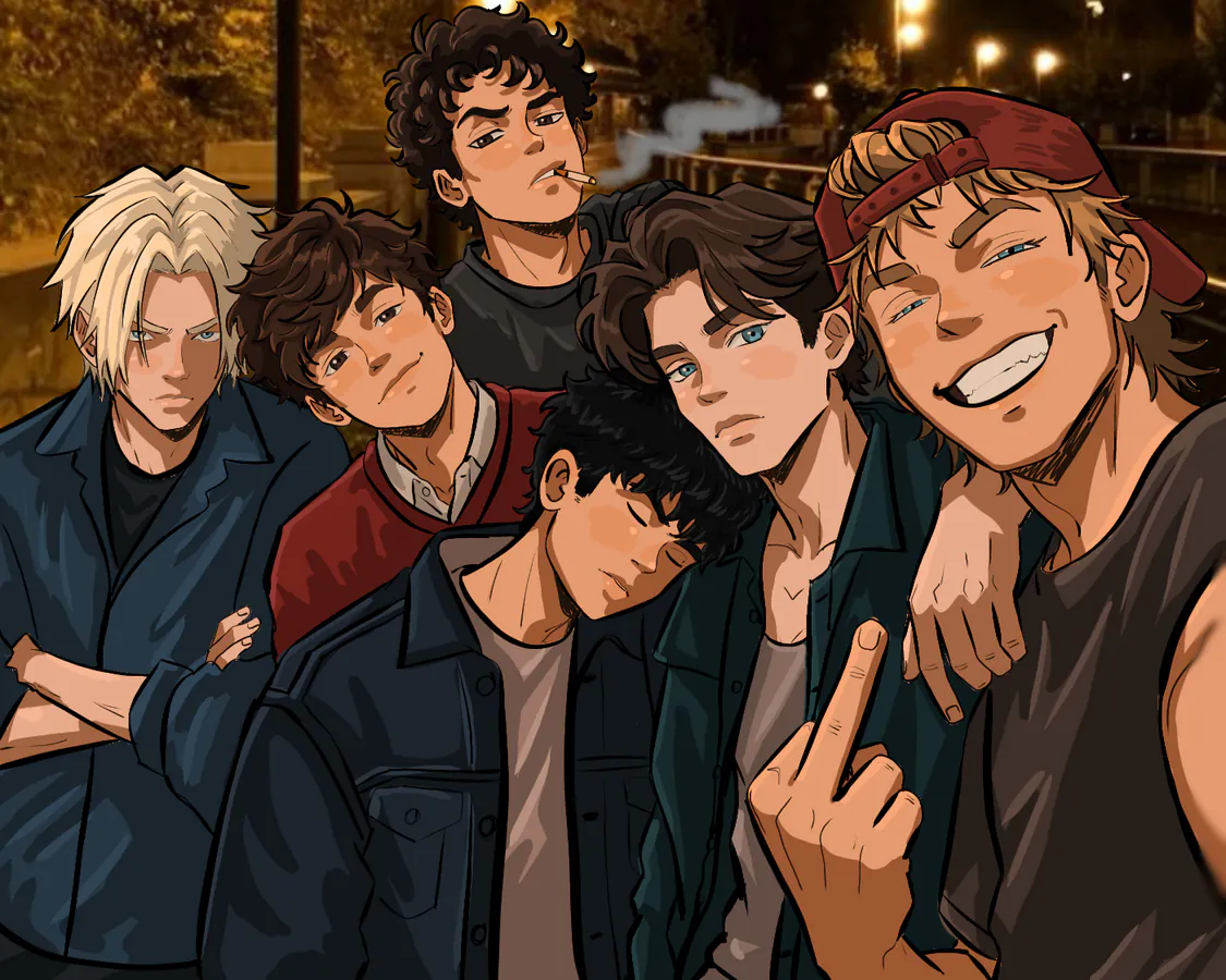 Group of 6 young boys posing for a selfie