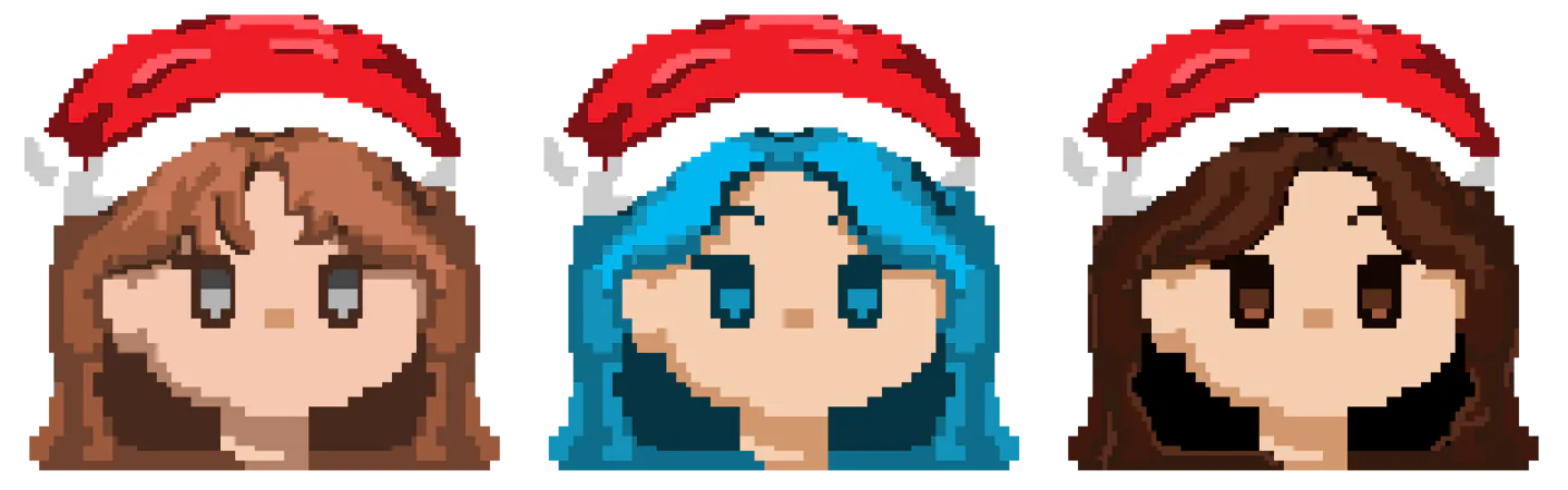 Pixel busts of Jrue, Sky, and Ebony with santa hats on