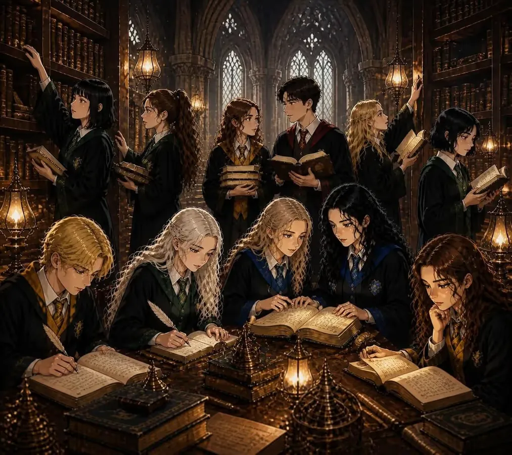 Image of 11 Hogwarts Students in the Library Coming Together From Different Houses to Solve a Mystery